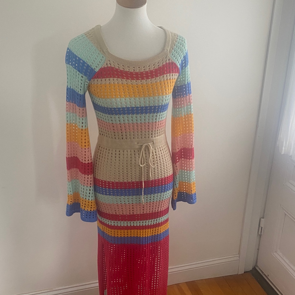 Striped Crochet Maxi Dress With Pastel & Bold Colorblocks, Size Small